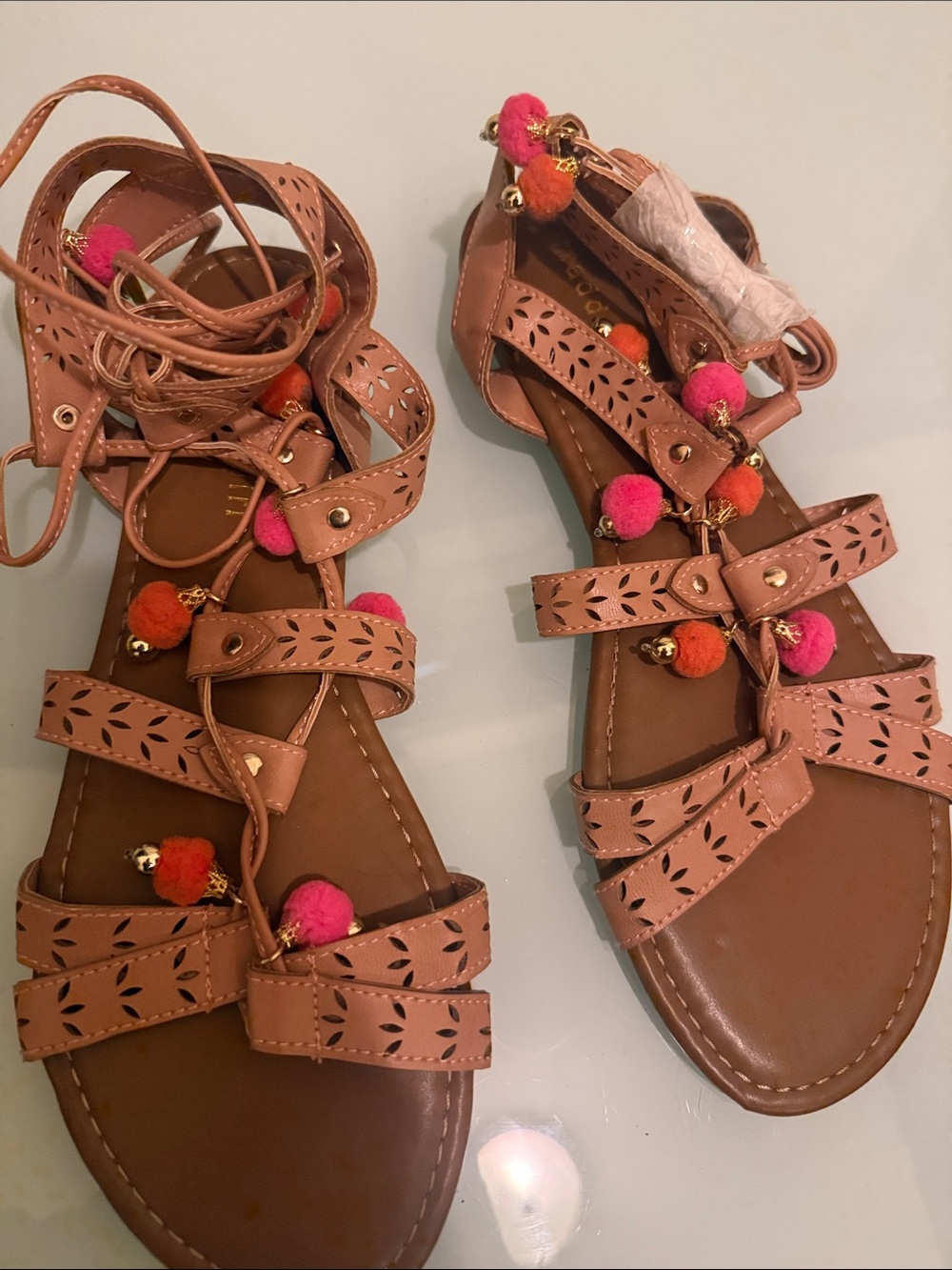 Madden Girl Tan Gladiator Sandals with Pink & Orange Pom-Poms NWOT